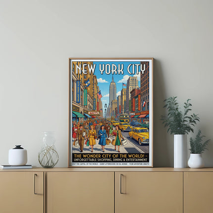 Vintage New York City travel poster depicting busy street scene with yellow cabs.
