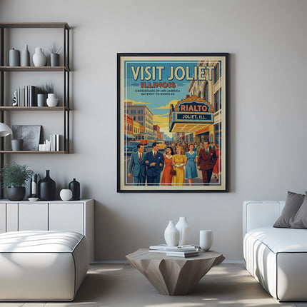 Poster: Visit Joliet, Illinois, Crossroads of Mid-America, Gateway to Route 66, Rialto.