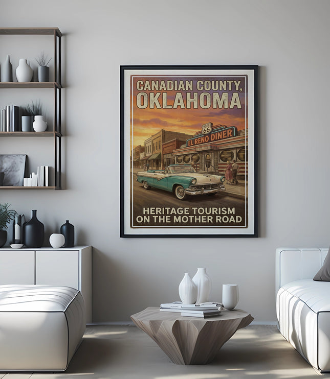 Canadian County, Oklahoma poster with vintage car and El Reno Diner.