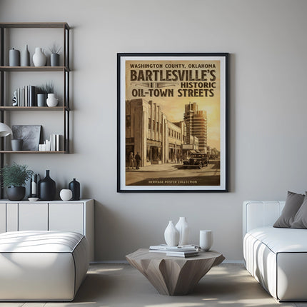 Vintage style poster of Bartlesville's historic oil-town streets.