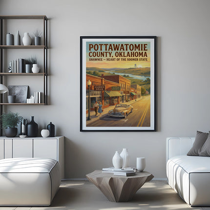 Poster of Pottawatomie County, Oklahoma in Shawnee with vintage car.