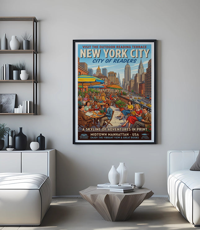 Vintage New York City 'City of Readers' travel poster in a modern living room.