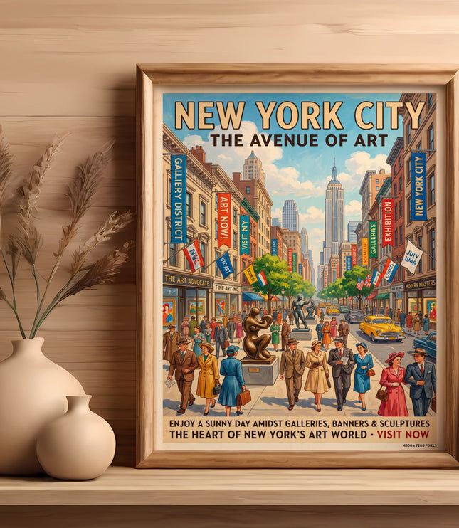 New York City vintage poster: "The Avenue of Art," street scene with Empire State Building.