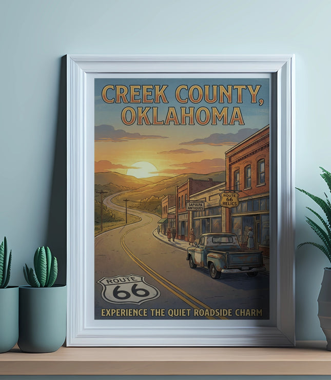 Poster for Creek County, Oklahoma, featuring Route 66, buildings and a vintage truck.