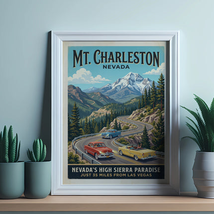 Vintage travel poster for Mt. Charleston, Nevada, featuring cars on a winding road.