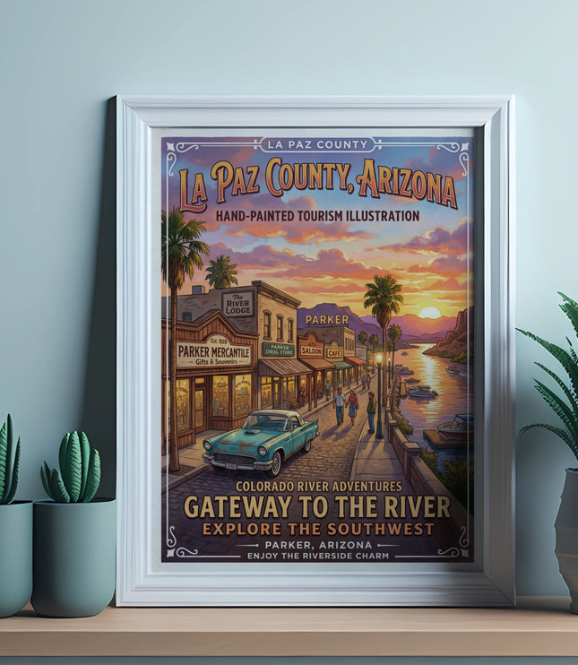 La Paz County, Arizona tourism illustration with riverside town and sunset.