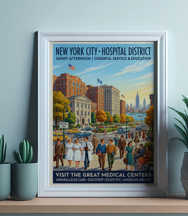 Vintage poster: New York City Hospital District, sunny afternoon, people and cars.