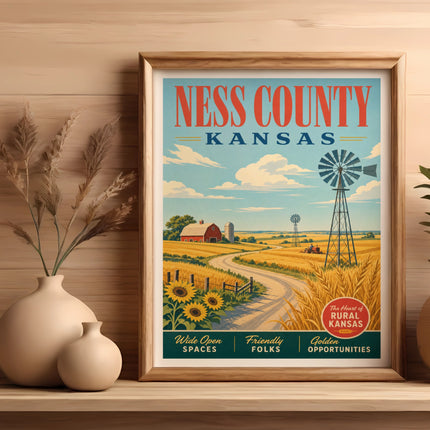 Vintage Ness County Kansas travel poster with windmill, sunflowers, and farm.