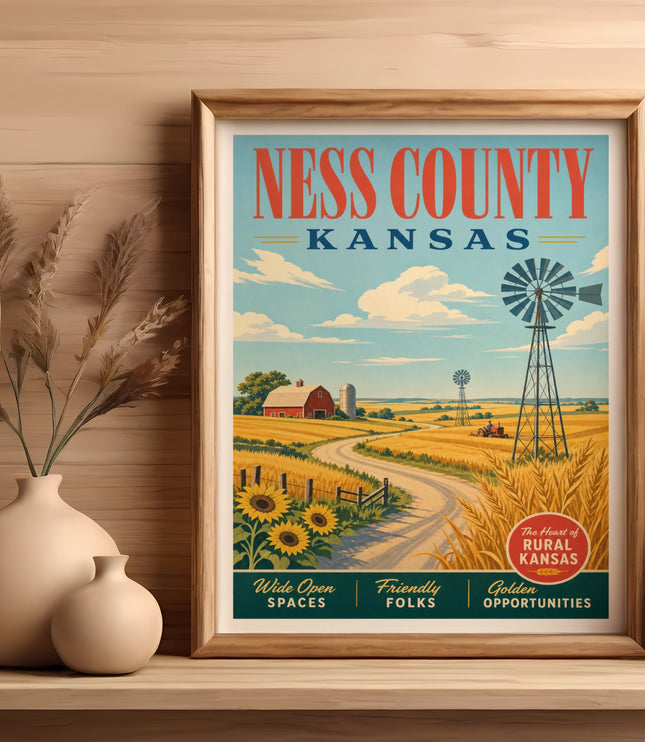 Vintage Ness County Kansas travel poster with windmill, sunflowers, and farm.