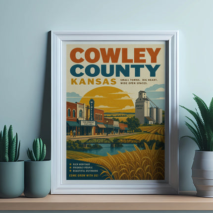 Poster for Cowley County, Kansas, featuring a town scene and agricultural elements.