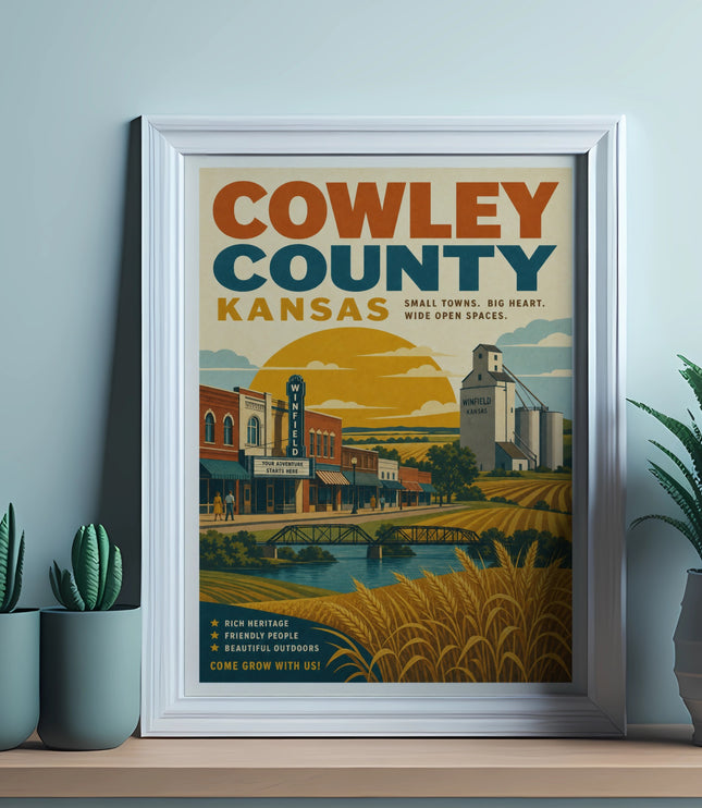Poster for Cowley County, Kansas, featuring a town scene and agricultural elements.