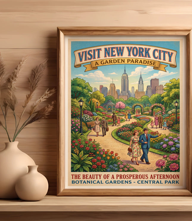 Vintage poster: "Visit New York City A Garden Paradise," featuring Central Park with people and skyline.