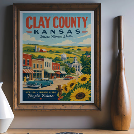 Clay County Kansas poster with town scene, sunflowers, and text.