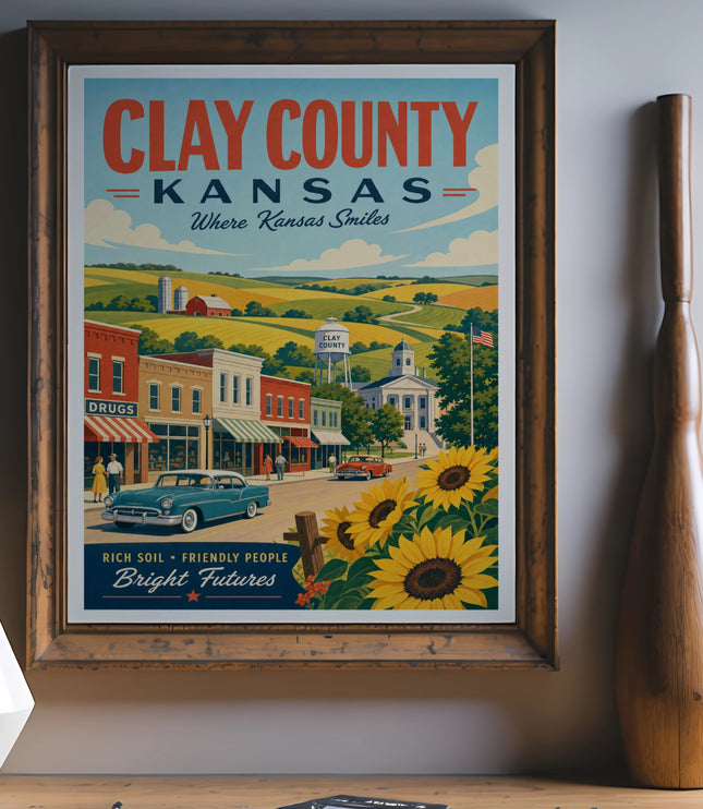 Clay County Kansas poster with town scene, sunflowers, and text.