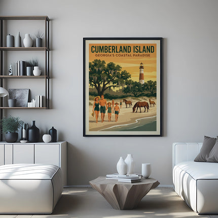 Cumberland Island Georgia coast travel poster with lighthouse and wild horses.