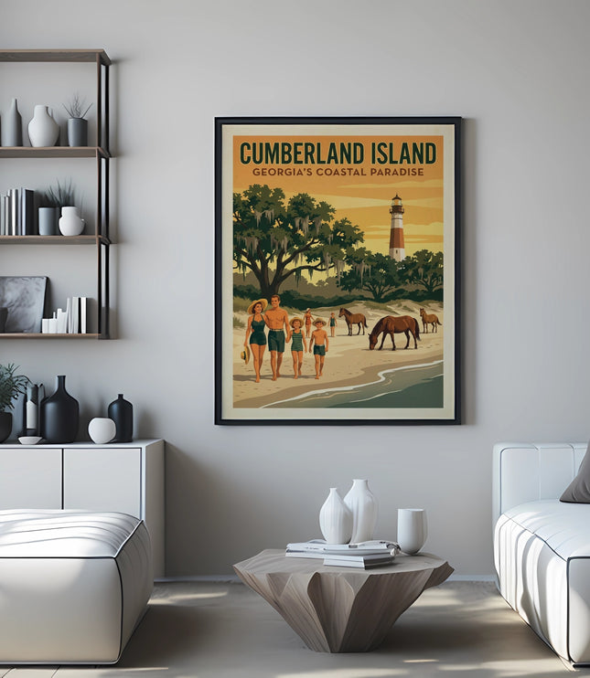 Cumberland Island Georgia coast travel poster with lighthouse and wild horses.