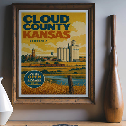 Cloud County Kansas Concordia travel poster with grain elevator and text.