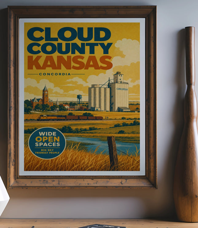 Cloud County Kansas Concordia travel poster with grain elevator and text.