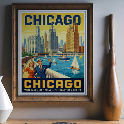Vintage Chicago travel poster featuring skyline, boats, and text "Chicago Visit Lakeshore Drive."