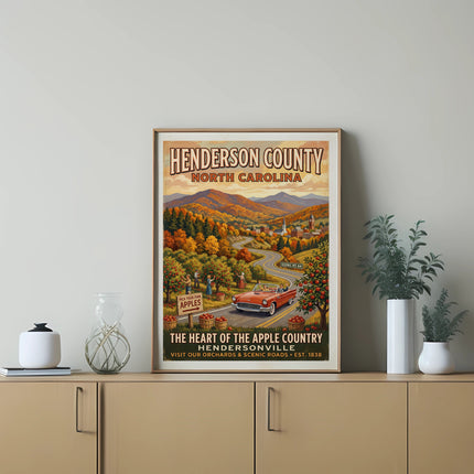 Henderson County North Carolina vintage poster with apple orchards and scenic roads.