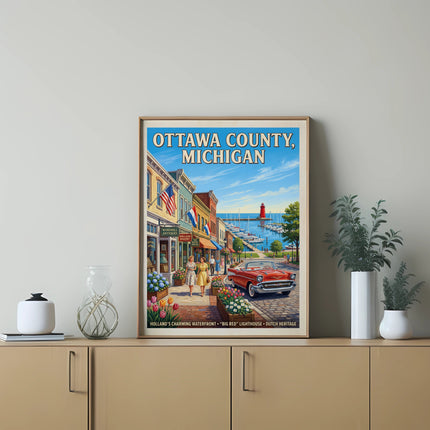 Ottawa County, Michigan poster of Holland's waterfront with lighthouse, vintage car.