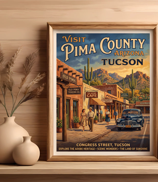 "Visit Pima County Arizona Tucson" poster featuring a street scene with a vintage car.