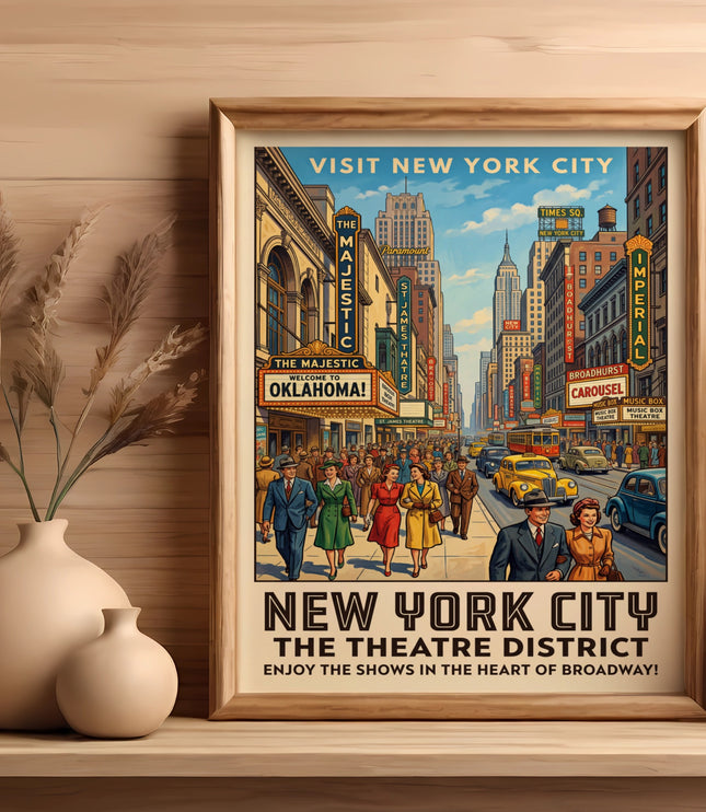 Vintage poster depicting New York City theatre district with marquees, cars, and pedestrians.