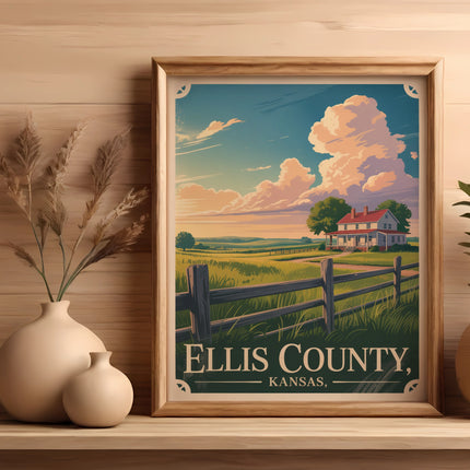 Framed artwork depicting a rural landscape with a house, fence, and "Ellis County, Kansas" text.