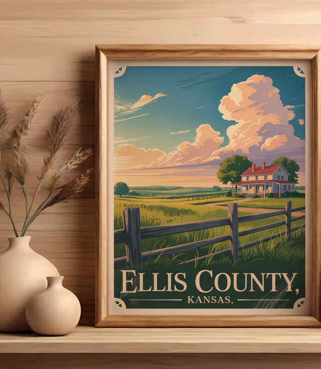 Framed artwork depicting a rural landscape with a house, fence, and "Ellis County, Kansas" text.