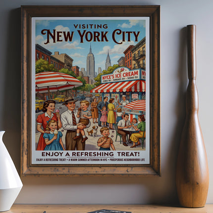 Vintage New York City poster featuring a family enjoying ice cream on a sunny street.