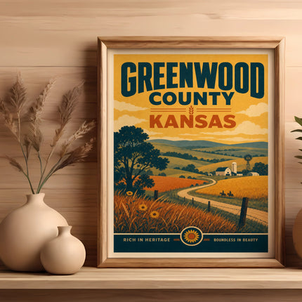 Greenwood County Kansas vintage travel poster with farm and fields.