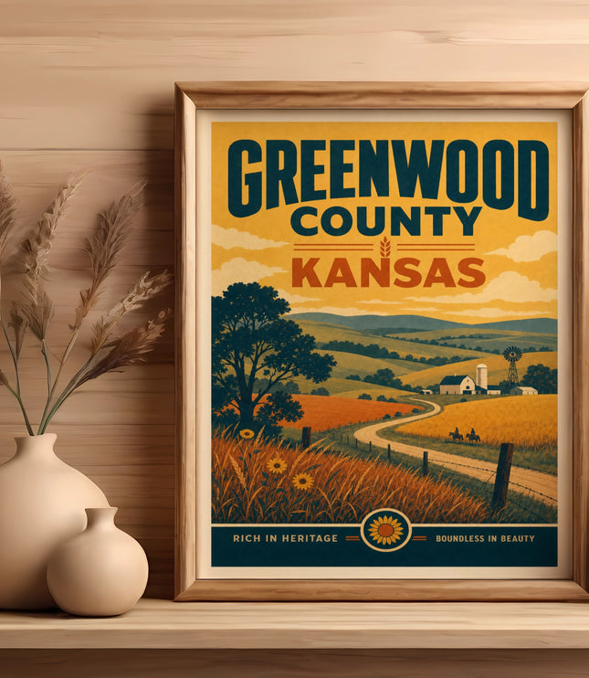 Greenwood County Kansas vintage travel poster with farm and fields.