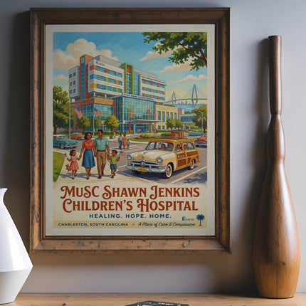 Poster art of MUSC Shawn Jenkins Children's Hospital with family and cars.