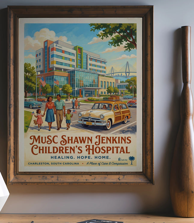 Poster art of MUSC Shawn Jenkins Children's Hospital with family and cars.