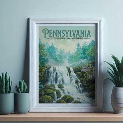 Framed Ricketts Glen State Park Pennsylvania waterfall poster with plants.