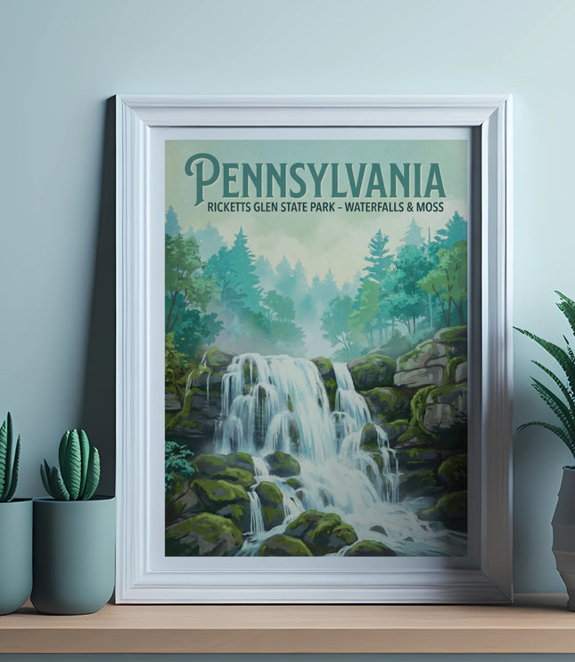 Framed Ricketts Glen State Park Pennsylvania waterfall poster with plants.
