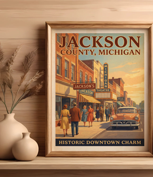 Vintage poster of Jackson County, Michigan, with a street scene and text.