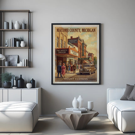 Poster of Macomb County, Michigan featuring the Gayety Theatre and Mount Clemens street scene.