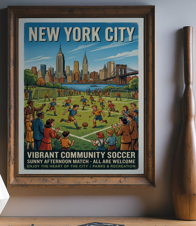 New York City poster showing a soccer match with skyline and Brooklyn Bridge.