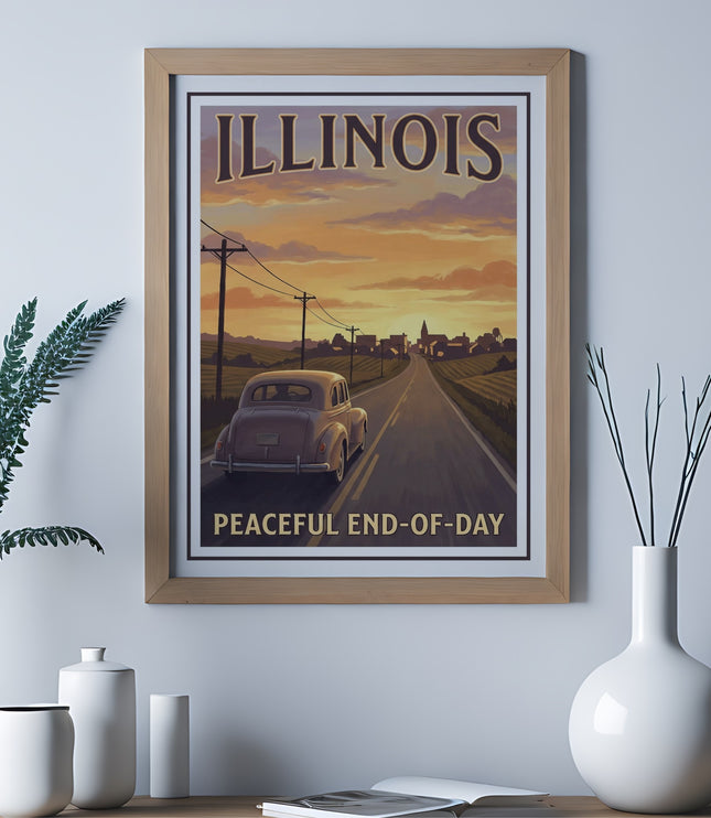 Vintage Illinois poster depicting a car on a road during sunset.