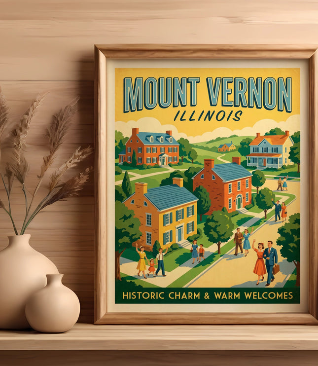 Mount Vernon Illinois vintage travel poster with houses and people.