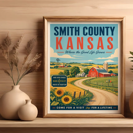 Smith County Kansas poster with farm, sunflowers, and text.