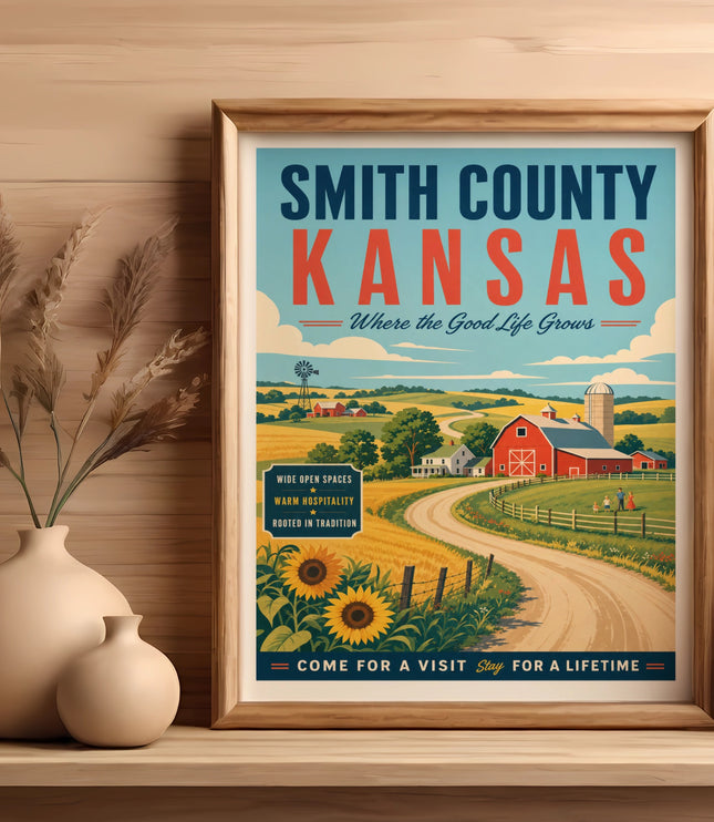 Smith County Kansas poster with farm, sunflowers, and text.