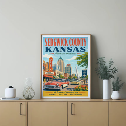 Vintage poster for Sedgwick County, Kansas, featuring a retro car and city skyline.