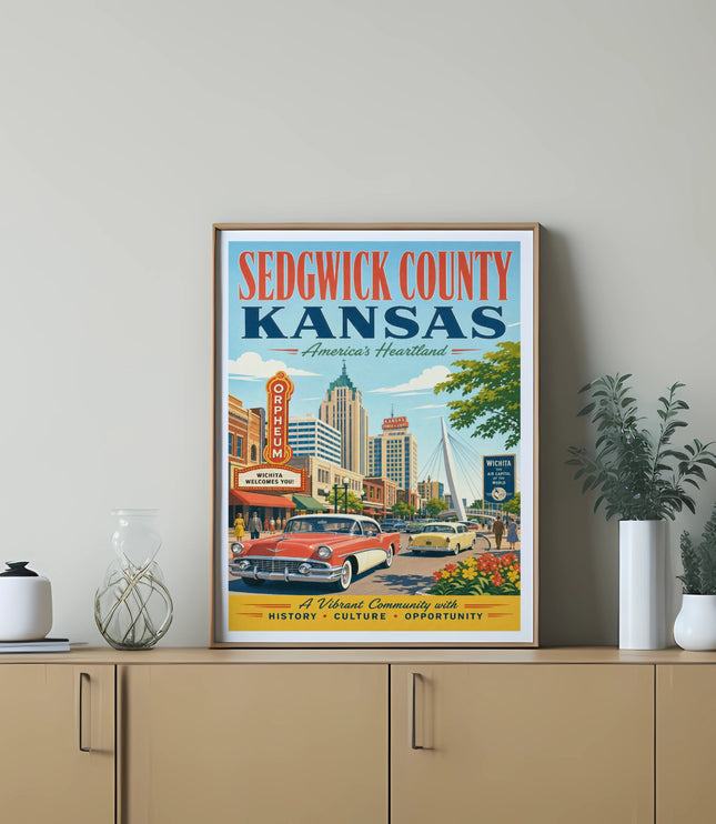 Vintage poster for Sedgwick County, Kansas, featuring a retro car and city skyline.