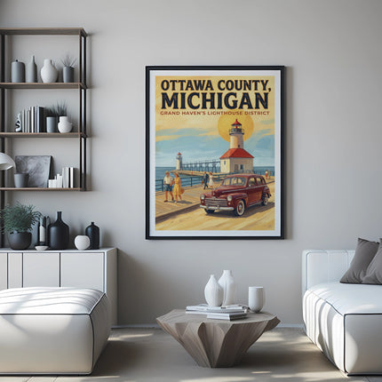 Retro poster of Ottawa County, Michigan with lighthouses and vintage car.