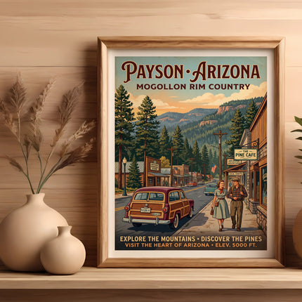 Payson Arizona travel poster with couple and classic car in Mogollon Rim Country.