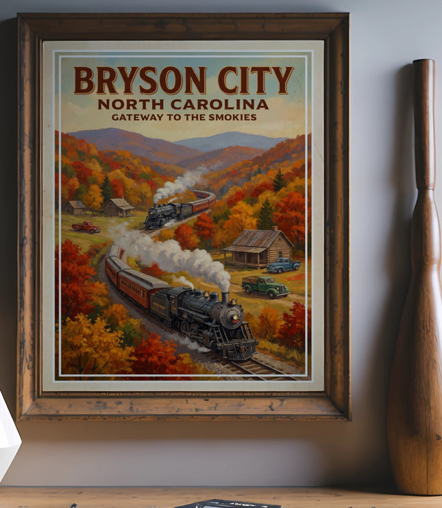 "Bryson City North Carolina" text on vintage poster featuring trains in autumn mountains.
