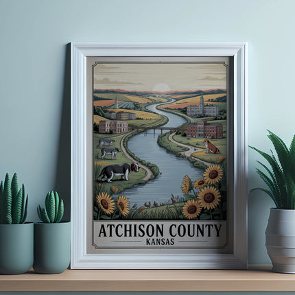 Vintage travel poster for Atchison County, Kansas, featuring a river and fields.