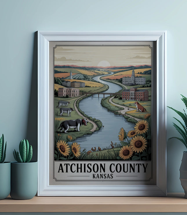 Vintage travel poster for Atchison County, Kansas, featuring a river and fields.